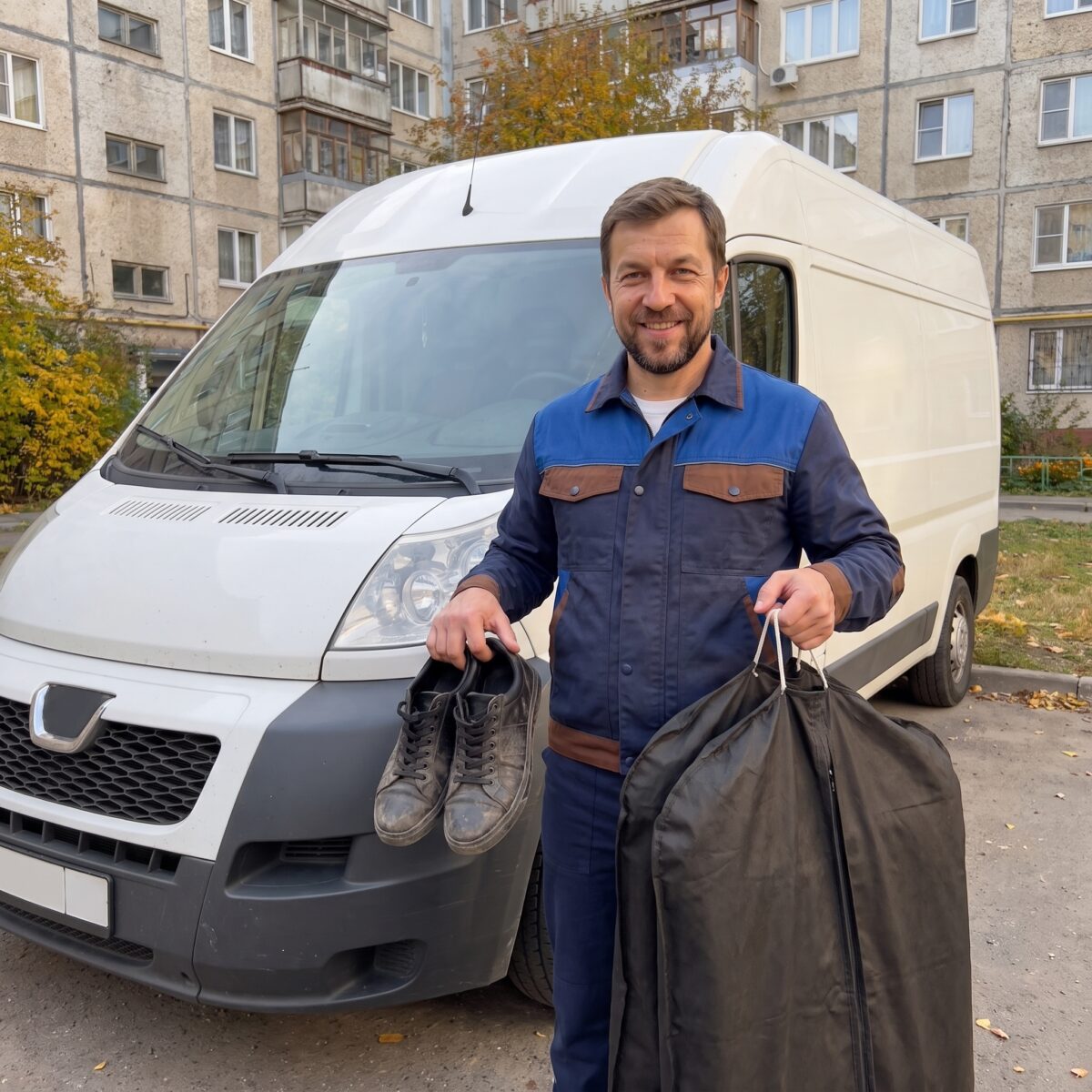 Курьер с обувью возле автомобиля доставки